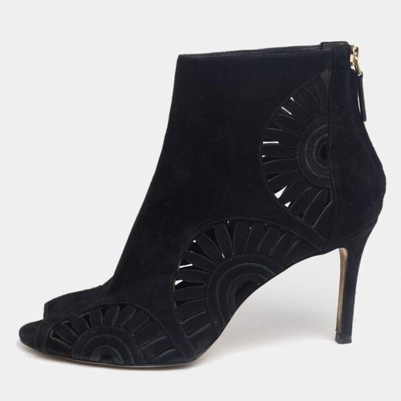 TORY BURCH Leyla Cut Out Geometric Bootie Royal Black Suede Stiletto Heels 7 - Picture 1 of 7